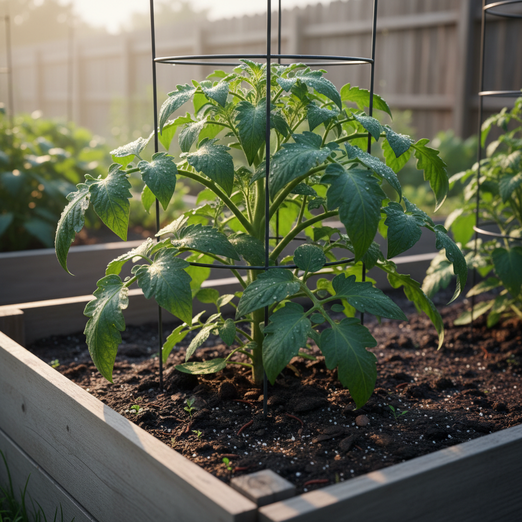 A close-up, photographic realism shot of a single robust tomato plant in a raised bed, its thick stem and deep emerald leaves suggesting vigorous health. Tiny droplets cling to the leaf surfaces, reflecting light in minute highlights. The plant is supported by a clean, dark metal cage, surrounded by well-structured, living soil with fine roots barely visible at the surface. Early morning, slightly diffused sunlight angles from the side, casting soft, directional shadows and rim-lighting the edges of each leaf. The background features a subtle blur of other vegetable beds and a wooden fence, intentionally out of focus. Composed using the rule of thirds from a slightly elevated angle, the mood is confident and reassuring, emphasizing the effectiveness of advanced nutrient technology working harmoniously in a natural garden setting.