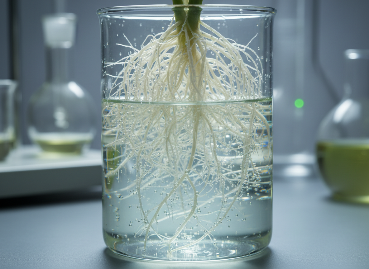 A macro, photographic realism image of plant roots suspended in a clear glass container of water subtly tinted by a nutrient solution. The roots are creamy white with fine hair-like structures branching out intricately, each strand sharply in focus against a softly blurred laboratory-style background of neutral grays and soft greens. Tiny microbubbles cling to the root surfaces, catching light like tiny sparks. Cool, controlled studio lighting from above and slightly behind creates a clean, clinical glow, accentuating translucence in the roots while casting minimal shadows. The composition is centered with a shallow depth of field, giving the roots a sculptural, almost architectural presence. The mood is precise, innovative, and science-driven, ideal for illustrating advanced nano-nutrient technology and enhanced nutrient uptake without showing any human presence.