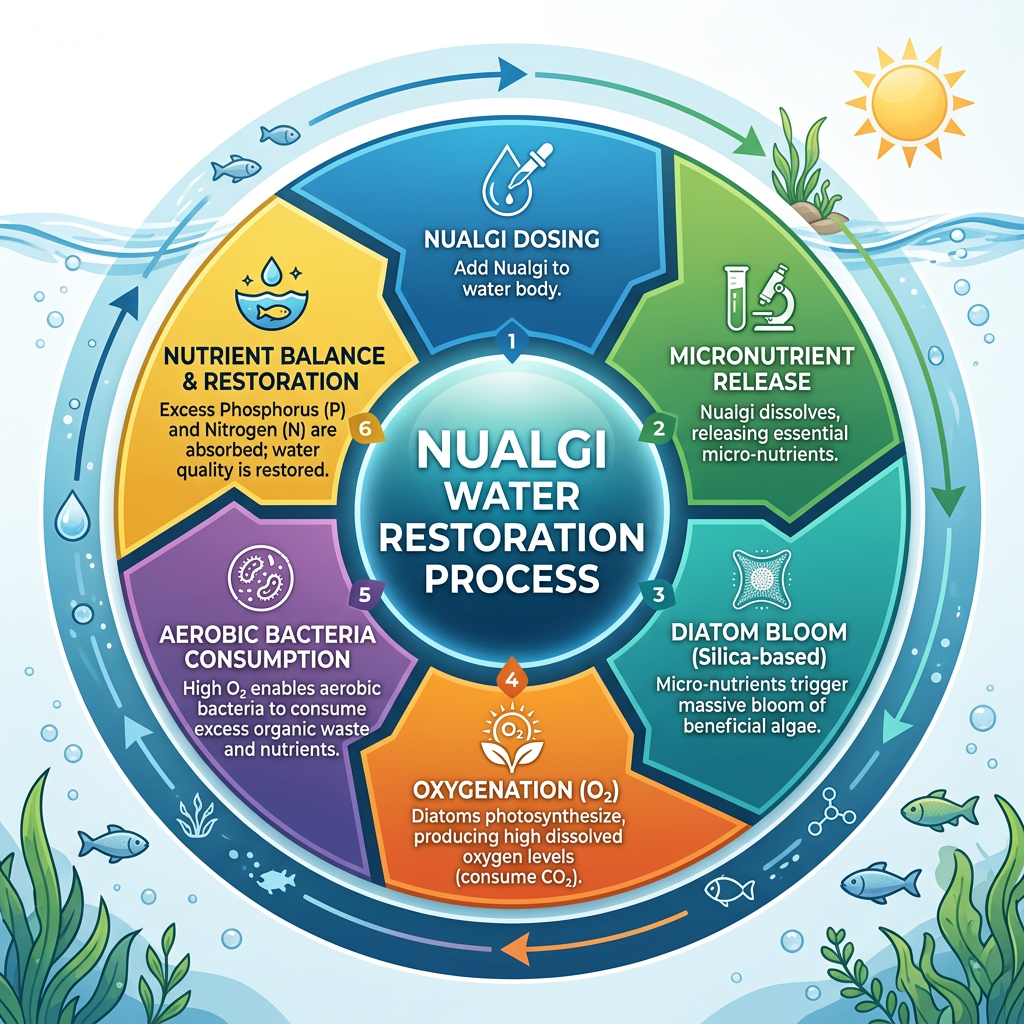 Diagram showing six steps of the Nualgi water restoration process involving nutrient and oxygen management